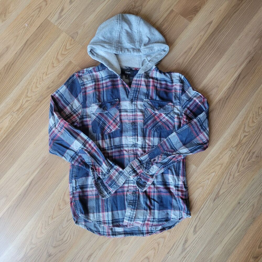 Urban Pipeline Men's Hooded Plaid Flannel Shirt Blue Red Grey Layered Size S